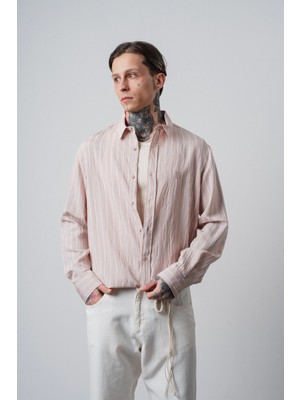 Respire Erkek Nakış Detaylı Çizgili Uzun Kollu Oversize Gömlek Pembe