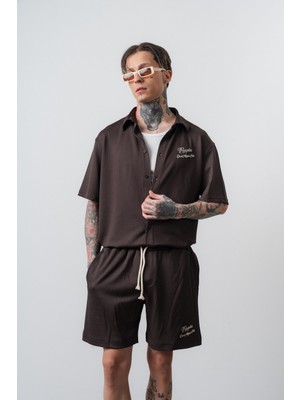 Respire Erkek Res Club Yazılı Oversize Gömlek Şort Takım Kahve