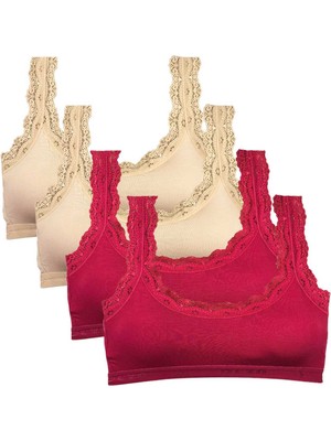 Toyigoo 4 Adet Dantel Nakış Işlemeli Pedli Bambu Kadın Büstiyer Ten Bordo TYG-84037RS