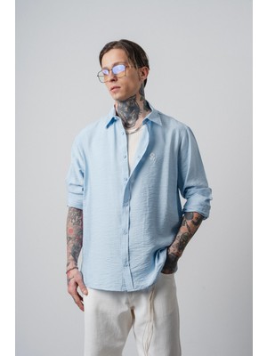 Respire Erkek Rs Nakışlı Uzun Kollu Oversize Gömlek Mavi