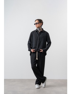 Respire Erkek R Nakışlı Oversize Gömlek Pantolon Takım Siyah