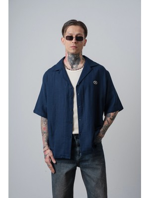 Respire Erkek R Nakışlı Kısa Kollu Müslin Oversize Gömlek Lacivert
