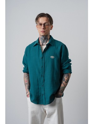 Respire Erkek R Nakışlı Uzun Kollu Müslin Oversize Gömlek Zümrüt