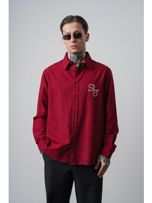 Respire Erkek Res Nakışlı Uzun Kollu Keten Oversize Gömlek Bordo