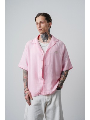 Respire Erkek R Nakışlı Kısa Kollu Müslin Oversize Gömlek Pembe
