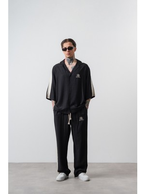 Erkek Respire District Nakışlı Fakir Kol Oversize Gömlek Pantolon Takım Siyah