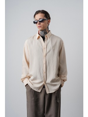 Respire Erkek Rs Nakışlı Çizgili Uzun Kollu Oversize Gömlek Vizon