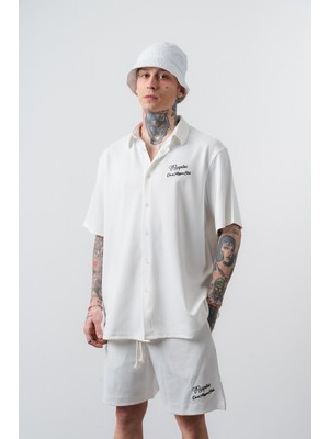 Respire Erkek Res Club Yazılı Oversize Gömlek Şort Takım Ekru