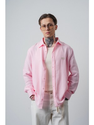 Respire Erkek R Nakışlı Uzun Kollu Müslin Oversize Gömlek Pembe