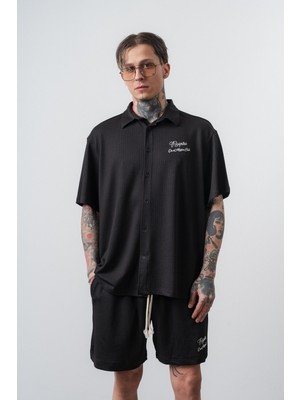Respire Erkek Res Club Yazılı Oversize Gömlek Şort Takım Siyah