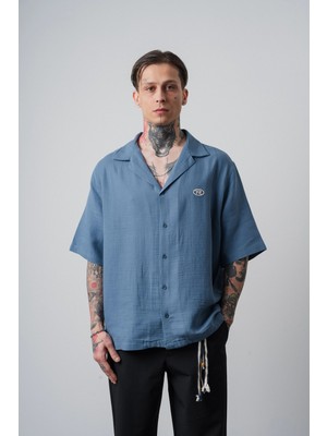 Respire Erkek R Nakışlı Kısa Kollu Müslin Oversize Gömlek Açık Mavi