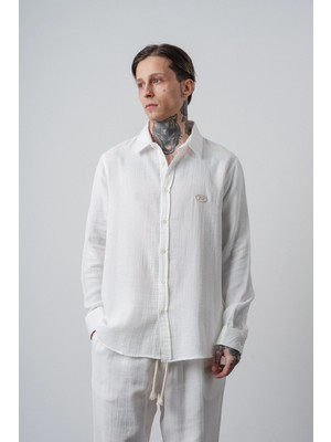 Respire Erkek R Nakışlı Uzun Kollu Müslin Oversize Gömlek Ekru