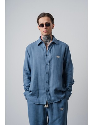 Respire Erkek R Nakışlı Uzun Kollu Müslin Oversize Gömlek Açık Mavi