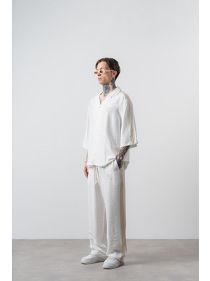 Erkek Respire District Nakışlı Fakir Kol Oversize Gömlek Pantolon Takım Ekru