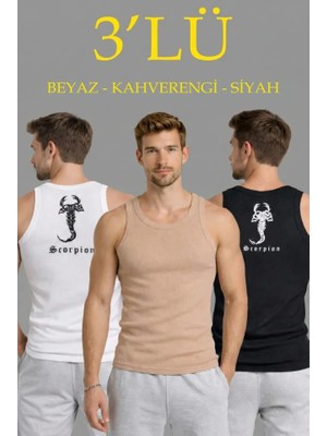 İlk El Grup Ieg™ Erkek Spor Fitilli Atlet 3lü Set Beyaz, Siyah ve Kahverengi Slim Fit Kaşkorse Arka Baskıl�
