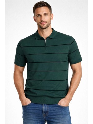 Alfanora Erkek T-Shirt Çizgili Triko Dokuma Kumaş Polo Yaka Yarım Fermuarlı Regular Kalıp Tişört - Çağla Yeşili