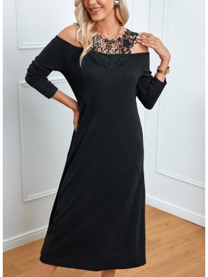 Kendim Fashion Kadın Uzun Kollu Yaka Önü Güpürlü Madonna Yaka Viskon Midi Boy Elbise