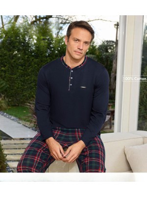 Pijamoni Erkek Standart Kalıp Pamuklu Düğme Yaka Uzun Kol Baharlık Pijama Takımı 6300/6L - 1 Adet
