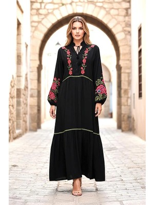 Modanı Seç Siyah V Yaka Balon Kollu Çiçek Nakışlı Uzun Elbise