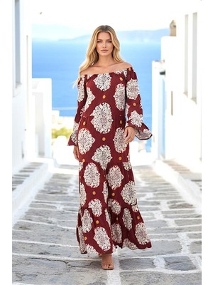 Modanı Seç Bordo Madonna Yaka Desenli Eteği Kat Kat Uzun Elbise