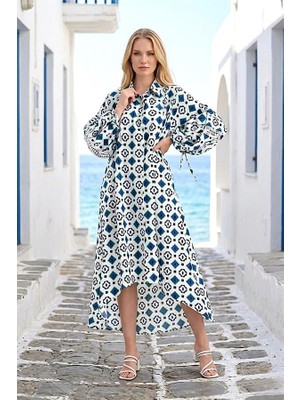 Modanı Seç Mavi Balon Kol Sırtı ve Kolları Fisto Detaylı Gömlek Elbise