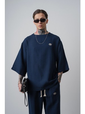 Respire Erkek R Nakışlı Fakir Kol Müslin Oversize T-Shirt Lacivert