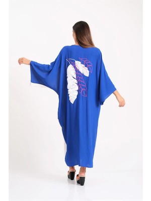Modanı Seç Saks Mavi Sırtı ve Yakası Yaprak Nakışlı V Yaka Cepli Oversize Uzun Gömlek Elbise