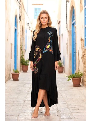 Modanı Seç Siyah Dik Yaka Kol ve Etek Ucu Fırfırlı Cepli Nakışlı Oversize Uzun Elbise