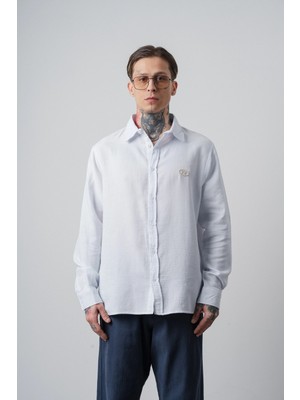 Respire Erkek R Nakışlı Uzun Kollu Müslin Oversize Gömlek Beyaz