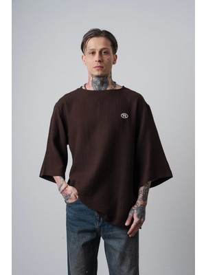 Respire Erkek R Nakışlı Fakir Kol Müslin Oversize T-Shirt Acı Kahve
