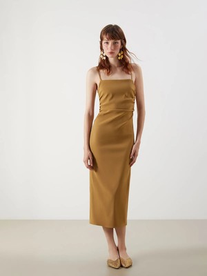 Lc Waikiki Yeni Sezon Kare Yaka Askılı Büzgülü Poplin Elbise