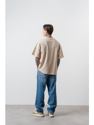 Respire Erkek Rosette Nakış Detaylı Oversize T-Shirt Bej