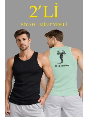 İlk El Grup Ieg™ Erkek Spor Fitilli Atlet 2li Set Siyah ve Mint Yeşili Slim Fit Kaşkorse Arka Baskılı Spor