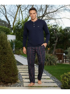 Pijamoni Erkek Standart Kalıp Pamuklu Düğme Yaka Uzun Kol Baharlık Pijama Takımı 6300/8L - 1 Adet