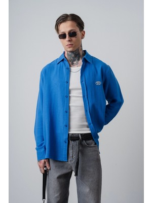 Respire Erkek R Nakışlı Uzun Kollu Müslin Oversize Gömlek Mavi