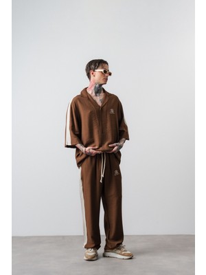 Erkek Respire District Nakışlı Fakir Kol Oversize Gömlek Pantolon Takım Kahve