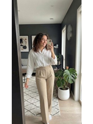 Cottonlab Kadın Yüksek Bel Pileli Palazzo Pantolon