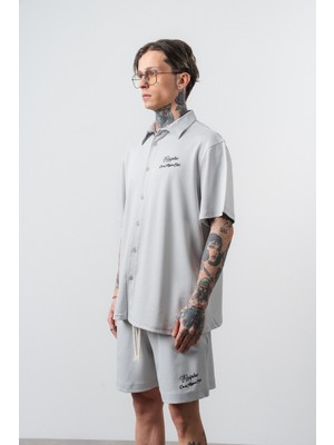 Respire Erkek Res Club Yazılı Oversize Gömlek Şort Takım Gri