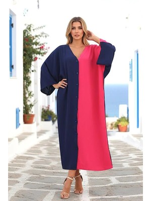 Modanı Seç Pembe Lacivert Renk Bloklu Sırtı Otantik Nakışlı Cepli Uzun Overisize Elbise