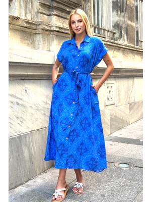 Modanı Seç Saks Mavi Gömlek Yaka Kemerli Cepli Uzun Gömlek Elbise