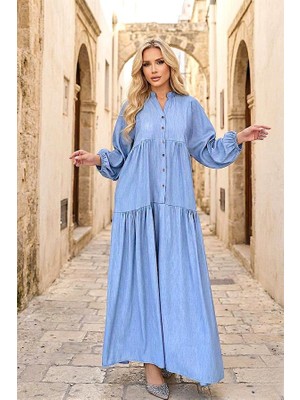 Modanı Seç Mavi Balon Kol Önden Düğmeli Tensel Uzun Elbise