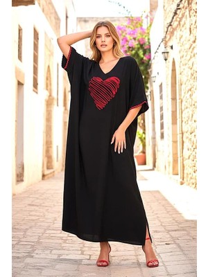 Modanı Seç Siyah V Yaka Kalp Nakışlı Cepli Oversize Uzun Elbise