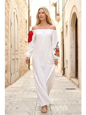 Modanı Seç Beyaz Carmen Yaka Kolları Sepet Nakışlı Kurdeleli Uzun Elbise