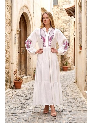 Modanı Seç Beyaz Önü ve Kolları Nakışlı Balon Kol Eteği Kat Kat Uzun Elbise