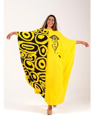 Modanı Seç Sarı Sıfır Yaka Desen Garnili Nakışlı Cepli Oversize Uzun Elbise