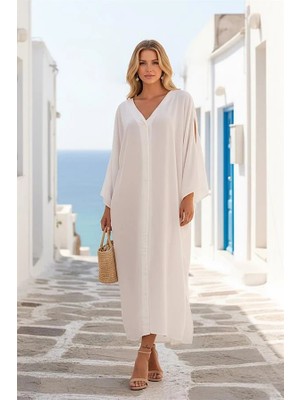 Modanı Seç Beyaz V Yaka Düğmeli Sırtı Nakışlı Cepli Omuzu Pencereli Oversize Uzun Elbise