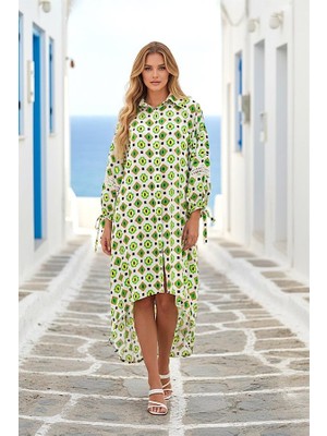 Modanı Seç Yeşil Balon Kol Sırtı ve Kolları Fisto Detaylı Gömlek Elbise