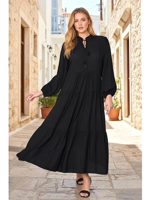 Modanı Seç Siyah Balon Kol Önü Düğmeli Kat Kat Uzun Elbise
