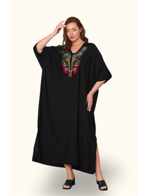 Modanı Seç Siyah V Yaka Göğsü Nakışlı Cepli Oversize Uzun Elbise