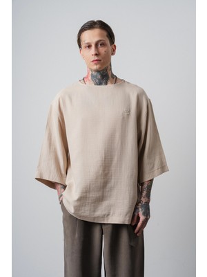 Respire Erkek R Nakışlı Fakir Kol Müslin Oversize T-Shirt Bej